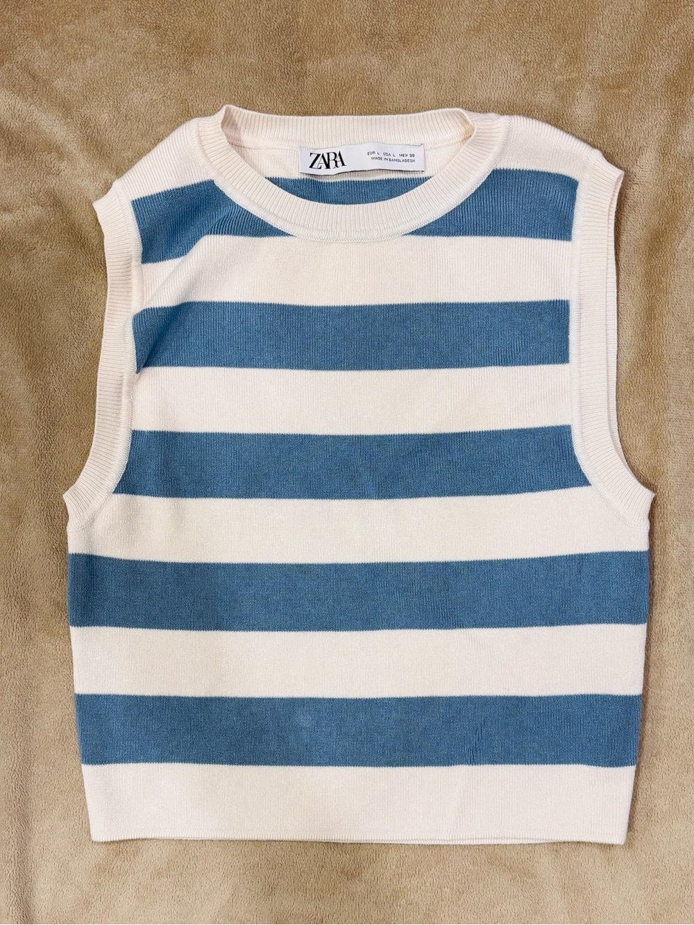 Zara Blue and White Striped Knit Sleeveless Top